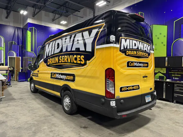 Midway Drain Services van wrap in the Brand Command shop